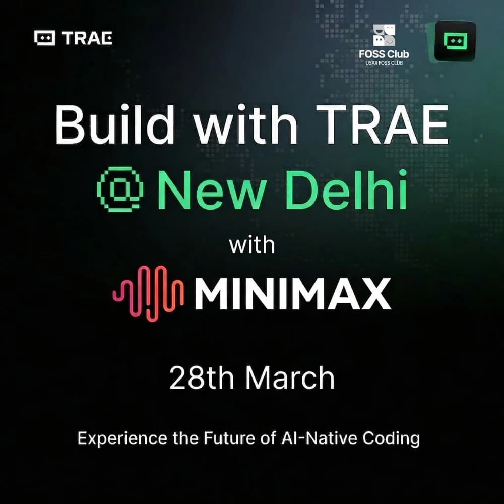 Poster for Build with TRAE at New Delhi with MiniMax, 28th March