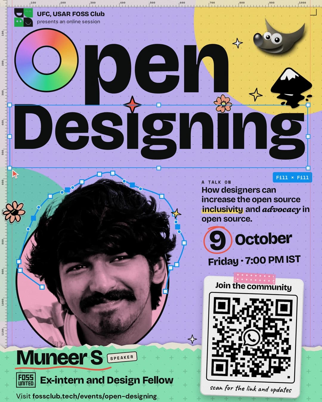 Poster for Open Designing, a talk by Muneer S on how designers can increase inclusivity and advocacy in open source. 9th October, 7 PM IST, online.